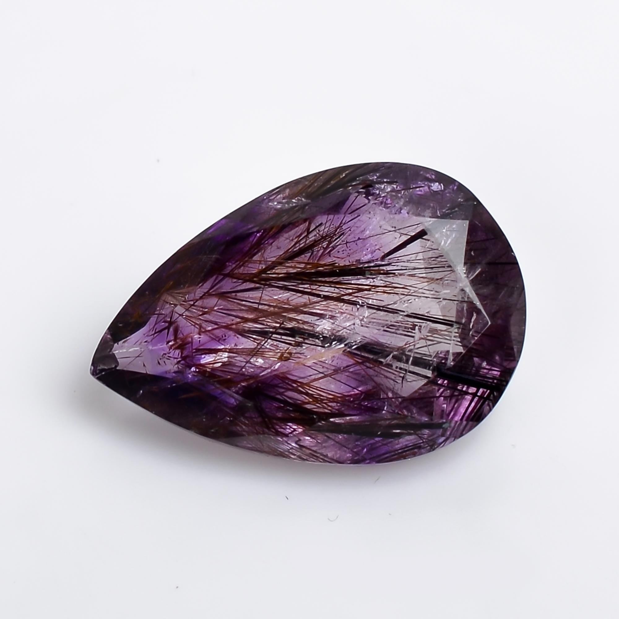 amethyst with cacoxenite natural quartz pear shape cut stone loose gemstone